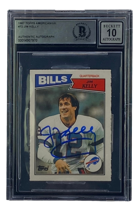 Jim Kelly Signed 1987 Topps #72 Buffalo Bills Rookie Football Card BAS Grade 10