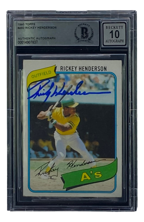 Rickey Henderson Signed 1980 Topps #482 Oakland A's Baseball Card BAS Grade 10