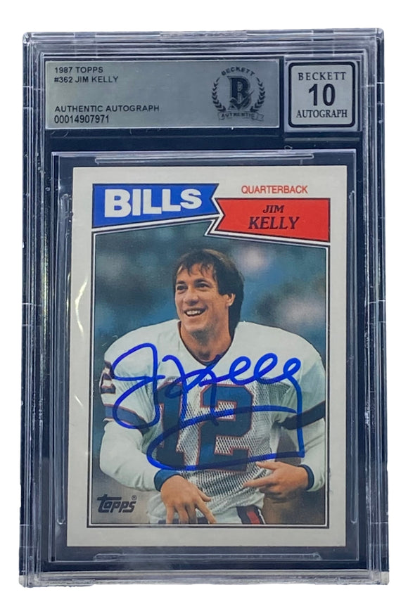 Jim Kelly Signed 1987 Topps #362 Buffalo Bills Rookie Football Card BAS Grade 10 Sports Integrity