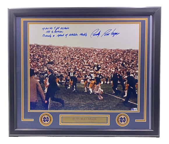 Rudy Ruettiger Signed Framed 16x20 Notre Dame Football Photo 5ft Nothing BAS