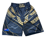 The Sports Integrity Israel Adesanya Signed Custom Black MMA Fight Trunks BAS feature gold geometric designs, "THE LAST STYLEBENDER" at the waistband, "ADESANYA" on one leg, his signature, and a small New Zealand flag patch.