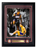 The Allen Iverson Signed Framed 16x20 Philadelphia 76ers Step Over Lue Photo by Sports Integrity features Iverson in a black 76ers jersey stepping over a Lakers player, with a plaque and two 76ers logos at the bottom.