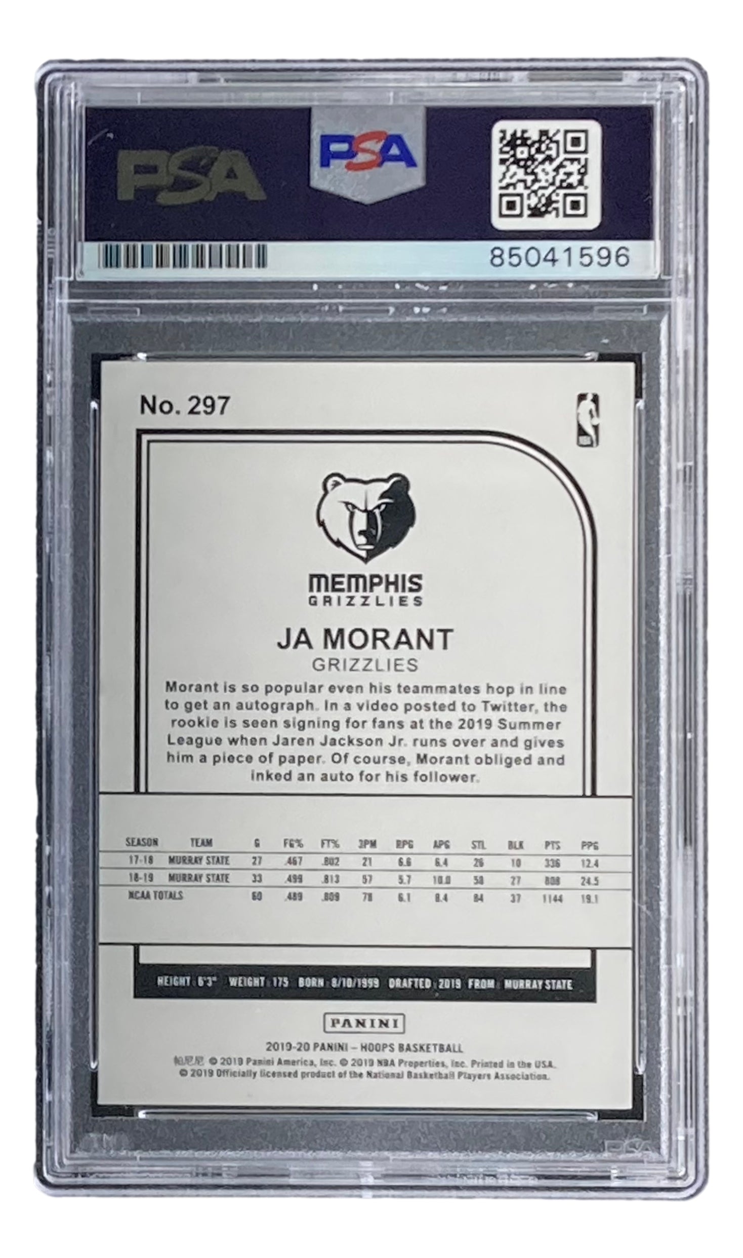 Ja Morant Signed 2019/20 Panini Hoops #297 Grizzlies Rookie Card 