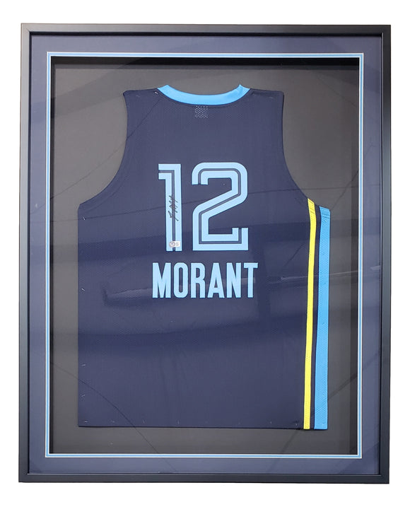 Ja Morant Signed Framed Custom Navy Blue Pro-Style Basketball Jersey BAS Sports Integrity