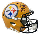 The Sports Integrity Jack Ham Signed Pittsburgh Steelers FS Gold Speed Replica Helmet HOF 88 BAS features a gold helmet with black facemask, Steelers logo, and Jack Ham's "HOF 88" signature in black marker.