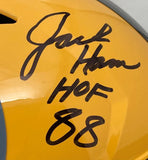A Jack Ham signed Pittsburgh Steelers FS Gold Speed Replica Helmet (HOF 88) by Sports Integrity featuring a black autograph.