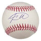 A Jackson Merrill San Diego Padres Signed Official MLB Baseball by Sports Integrity features his bold blue signature on its white surface with red stitching.