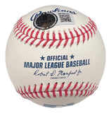 The Sports Integrity Jackson Merrill San Diego Padres Signed Official MLB Baseball BAS features a white surface with red stitching, MLB logo, Jackson Merrill's signature, Rawlings logo, QR code, and authentication sticker.