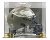 A Jalen Hurts signed Eagles FS STS authentic helmet by Sports Integrity is showcased in a Super Bowl 59 LIX case, featuring the Eagles logo and championship details on the front.