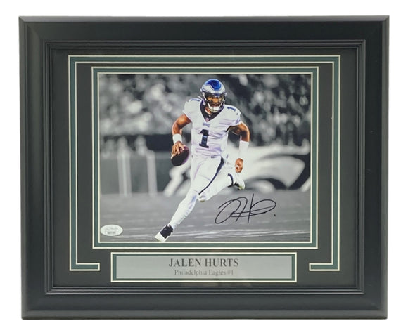 Jalen Hurts Signed Framed 8x10 Philadelphia Eagles White Jersey Photo JSA ITP Sports Integrity