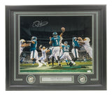 The Sports Integrity Jalen Hurts Signed Framed 16x20 Photo features Hurts mid-throw vs. the Chargers, includes two commemorative coins, a nameplate, and JSA ITP authentication.