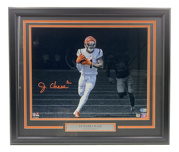 Ja'Marr Chase Signed Framed 16x20 Cincinnati Bengals White Jersey Photo BAS ITP