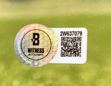 A James Harrison Signed 16x20 Pittsburgh Steelers Photo by Sports Integrity features a BAS ITP holographic B WITNESS AUTOGRAPH sticker with QR code and number 2W637079 attached to the glass, set against a blurred green background.