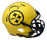 A James Harrison signed Pittsburgh Steelers FS Rave Speed Replica Helmet by Sports Integrity, yellow with black logo and facemask, features his autograph on the top left side. BAS ITP authenticated.