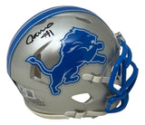 The Sports Integrity Jameson Williams Signed Detroit Lions Mini Speed Helmet features a silver finish with blue lion logo, blue facemask, and #1 signed in black marker on the top left side.