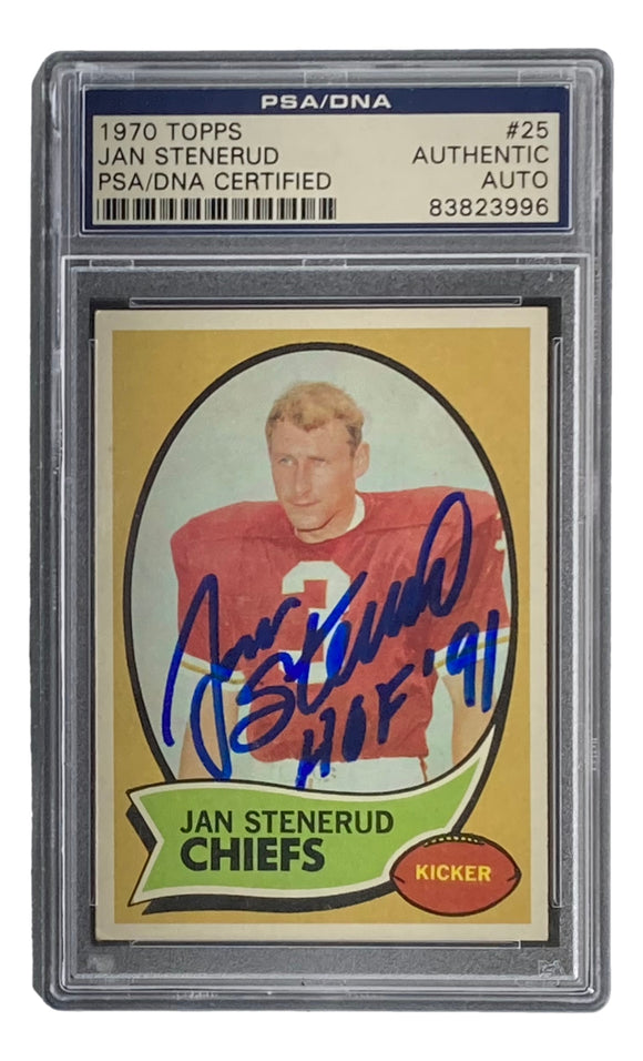 Jan Stenerud Signed Chiefs 1970 Topps #25 Rookie Card HOF 91 Insc PSA/DNA Sports Integrity