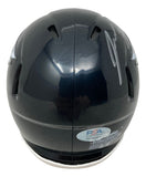 The Jason Kelce Signed Philadelphia Eagles Black Mini Speed Helmet by Sports Integrity features ventilation slits and a PSA ITP hologram sticker near the base, viewed from the back.