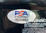 Sports Integrity Jason Kelce Signed Philadelphia Eagles Black Mini Speed Helmet featuring a PSA IN-THE-PRESENCE™ 3C29963 oval sticker in blue, red, and black text on the surface, partially covering a white warning label; includes case.