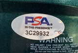 A PSA ITP sticker numbered 3C29932 is attached above a warning label on the Jason Kelce Signed Philadelphia Eagles Mini Speed Helmet (Sports Integrity) with case.