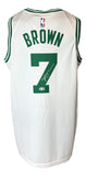 The Sports Integrity Jaylen Brown Signed Boston Celtics White Nike Swingman Jersey features green trim, BROWN and number 7 on the back, an autograph on the number, and an NBA logo at the top.
