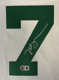 A large green number 7 with Jaylen Brown's autograph and a BAS authentication sticker is featured on this Boston Celtics white Nike Swingman Jersey from Sports Integrity.