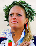 This Sports Integrity memorabilia features a Jennie Finch Signed USA Softball 8x10 Photo with a USA inscription and PSA Holo, showing her emotional moment on the podium in a white jacket.