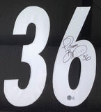 The Jerome Bettis Pittsburgh Signed Framed Black Football Jersey by Sports Integrity features a large white "36" autographed in black marker with Bettis's name and number included in the signature.