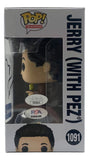 The Jerry Seinfeld Signed Seinfeld Funko Pop #1091 by Sports Integrity is shown boxed with JSA and PSA authentication stickers and an autograph on the window, displaying Jerry with Pez and his side profile.