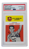 The Sports Integrity Jerry West Signed Los Angeles Lakers Reprint 1961 Fleer Rookie Card #43 PSA/DNA features his photo and signature, protected in a PSA slab with certification details.