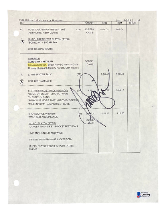 Jessica Simpson Signed 1999 Billboard Music Awards Document BAS Sports Integrity