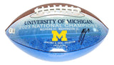 The Sports Integrity JJ McCarthy Signed Michigan Wolverines 2023 National Champions Football features the Michigan logo, Jan 8, 2024 (Houston), score (Michigan 34, Washington 13), stadium background, and official signature.