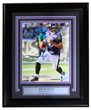 The Sports Integrity Joe Flacco Signed Framed 8x10 Baltimore Ravens Photo (BAS) shows Flacco in uniform running with the football, with his autograph and a plaque noting him as Super Bowl XLVII MVP.