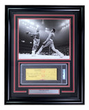 Sports Integrity’s Joe Frazier Boxing Signed Framed Slabbed Bank Check #4618 includes a black-and-white boxing photo, PSA/DNA authenticated yellow signed check, and nameplate in an elegant display.