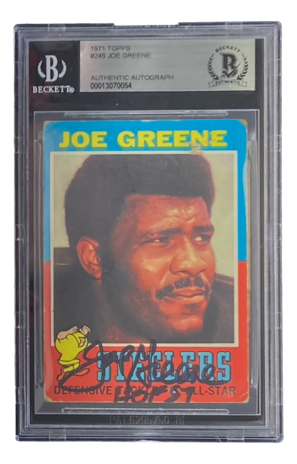 Mean Joe Greene Signed Steelers 1971 Topps #245 Rookie Card HOF 87 Insc BAS Sports Integrity