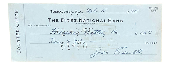 Joe Sewell Cleveland Signed February 5 1955 Personal Bank Check BAS Sports Integrity
