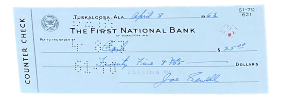 Joe Sewell Cleveland Signed April 8 1963 Personal Bank Check BAS Sports Integrity
