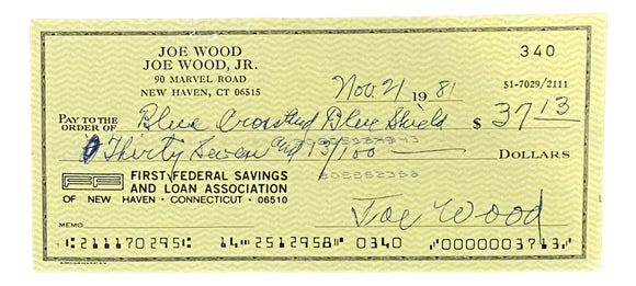 Joe Wood Cleveland Signed Personal Bank Check #340 BAS Sports Integrity