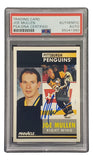 The Sports Integrity Joe Mullen Signed 1991 Pinnacle #176 Pittsburgh Penguins Hockey Card features his photo, team logo, and autograph. It's PSA/DNA certified with a label reading TRADING CARD JOE MULLEN PSA/DNA CERTIFIED.