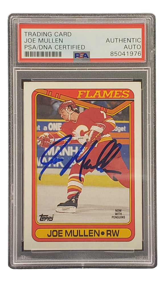 Joe Mullen Signed 1990 Topps #218 Calgary Flames Hockey Card PSA/DNA Sports Integrity