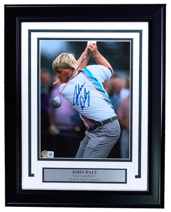 John Daly Signed In Blue Framed 8x10 PGA Golf Smoking Photo BAS