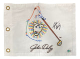 The Sports Integrity John Daly Right Signed Logo Golf Flag BAS is a white golf flag with a colorful lion logo, two black signatures including "John Daly," a rainbow-striped golf club, and three gold grommets on the left.