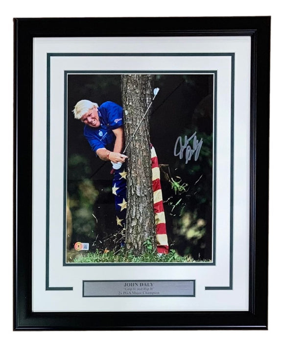John Daly Signed Framed 11x14 PGA Golf Tree Swing Photo BAS