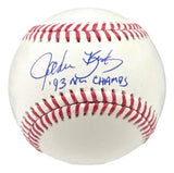 The Sports Integrity John Kruk Philadelphia Phillies Signed Official MLB Baseball features a blue autograph and "93 NL CHAMPS" inscription on a white ball with red stitching.