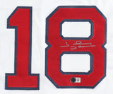 The Johnny Damon Boston White Baseball Jersey by Sports Integrity features a red and blue number 18 stitched on white fabric, with the number 8 signed in silver marker and an authentication sticker with QR code and hologram.