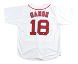 The Sports Integrity Johnny Damon Boston Signed White Baseball Jersey BAS features red and blue trim, with "Damon" and the number 18 in large red lettering on the back.