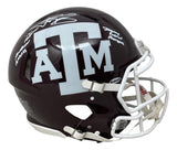 The Sports Integrity Johnny Manziel Signed Texas A&M Full Size Authentic Speed Helmet features a maroon shell, large white ATM logo, multiple signatures including Manziel’s with 3 inscriptions, and a white faceguard.