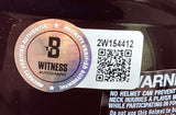 A shiny circular Beckett Witness Authenticated sticker (QR code, serial #2W154412, BECKETT VERIFIED AUTHENTIC) is attached to the Johnny Manziel Signed Texas A&M Mini Speed Helmet 12 Heisman Insc BAS w/ Case from Sports Integrity.