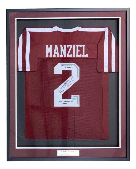 Johnny Manziel Signed Framed Custom Maroon College Football Jersey w/ 3 Insc BAS
