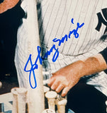 The Sports Integrity Johnny Mize Signed 8x10 New York Yankees Baseball Photo features a bold blue autograph across the bat and jersey, with Mize in a pinstriped uniform holding a bat and several bats below.