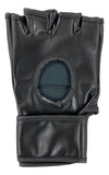 The Jon Anik Signed UFC Fight Glove by Sports Integrity features a black, leather-like, fingerless design with an open circle cut-out on the back and an adjustable wrist strap. Comes with JSA Hologram authentication.